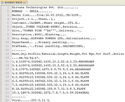 CSV file containing BOM data from BOCAD